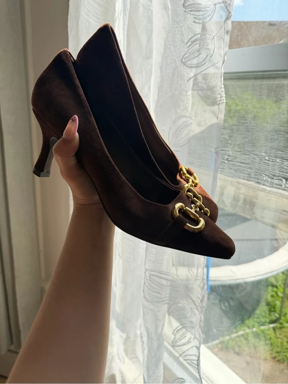 James Campbell Brown Suede Pointed-Toe Heels with Gold Hardware